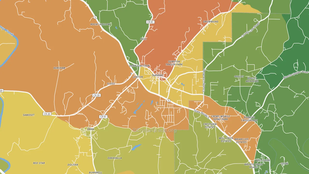 Sumiton, AL Map of Theft Rates
