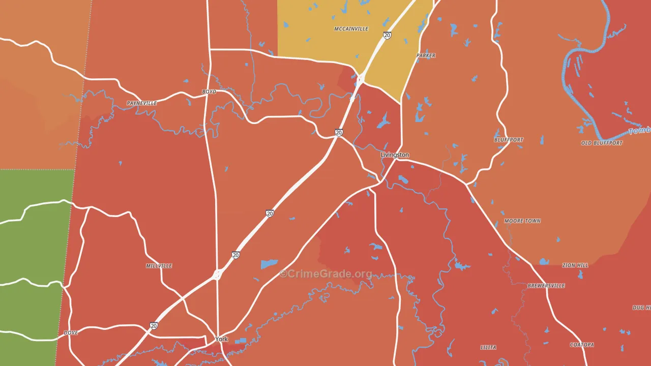 Sumter County, AL Map of Theft Rates