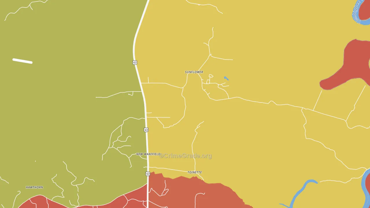 Sunflower, AL Map of Theft Rates