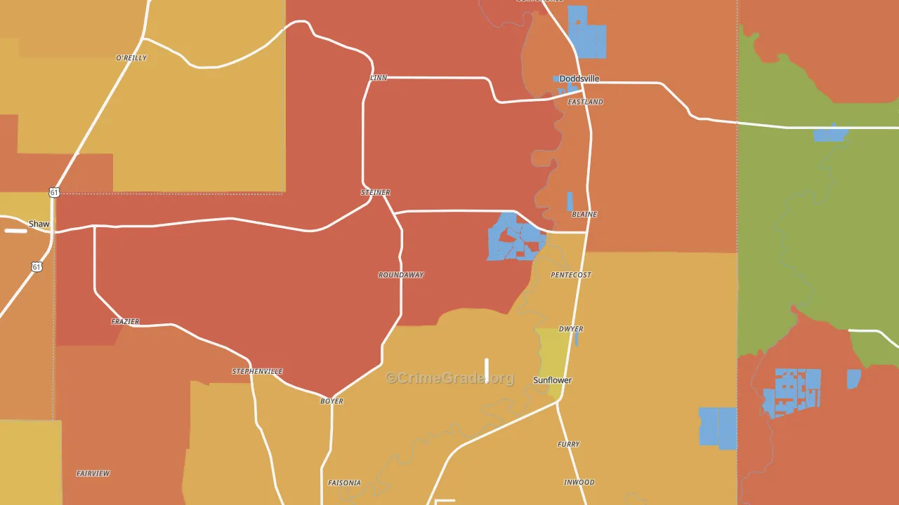 Sunflower County, MS Map of Theft Rates