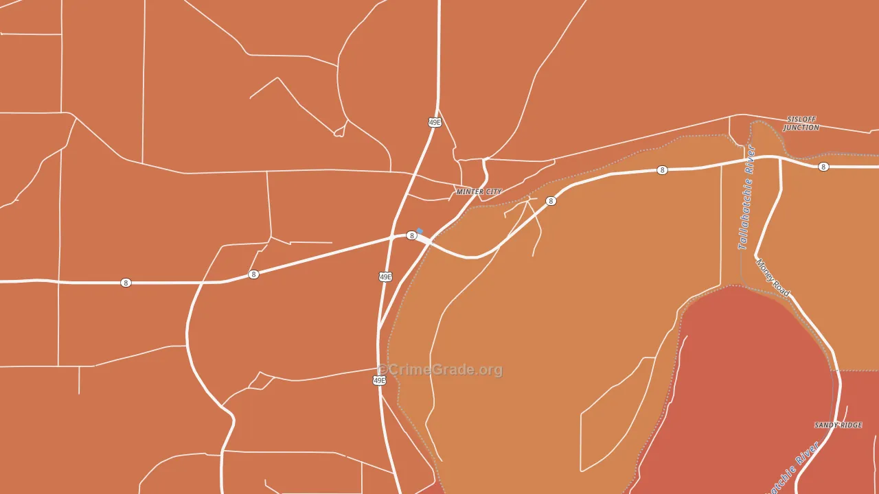 Sunnyside, MS Map of Theft Rates