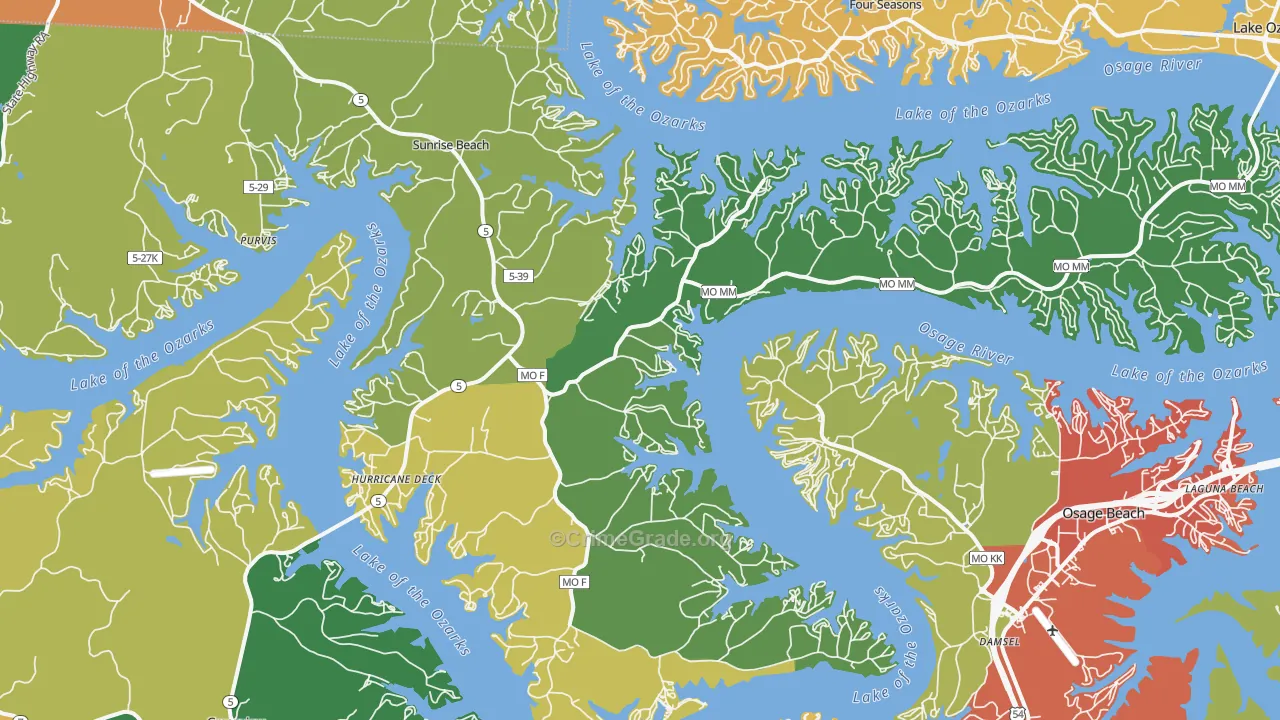 Sunrise Beach, MO Map of Theft Rates
