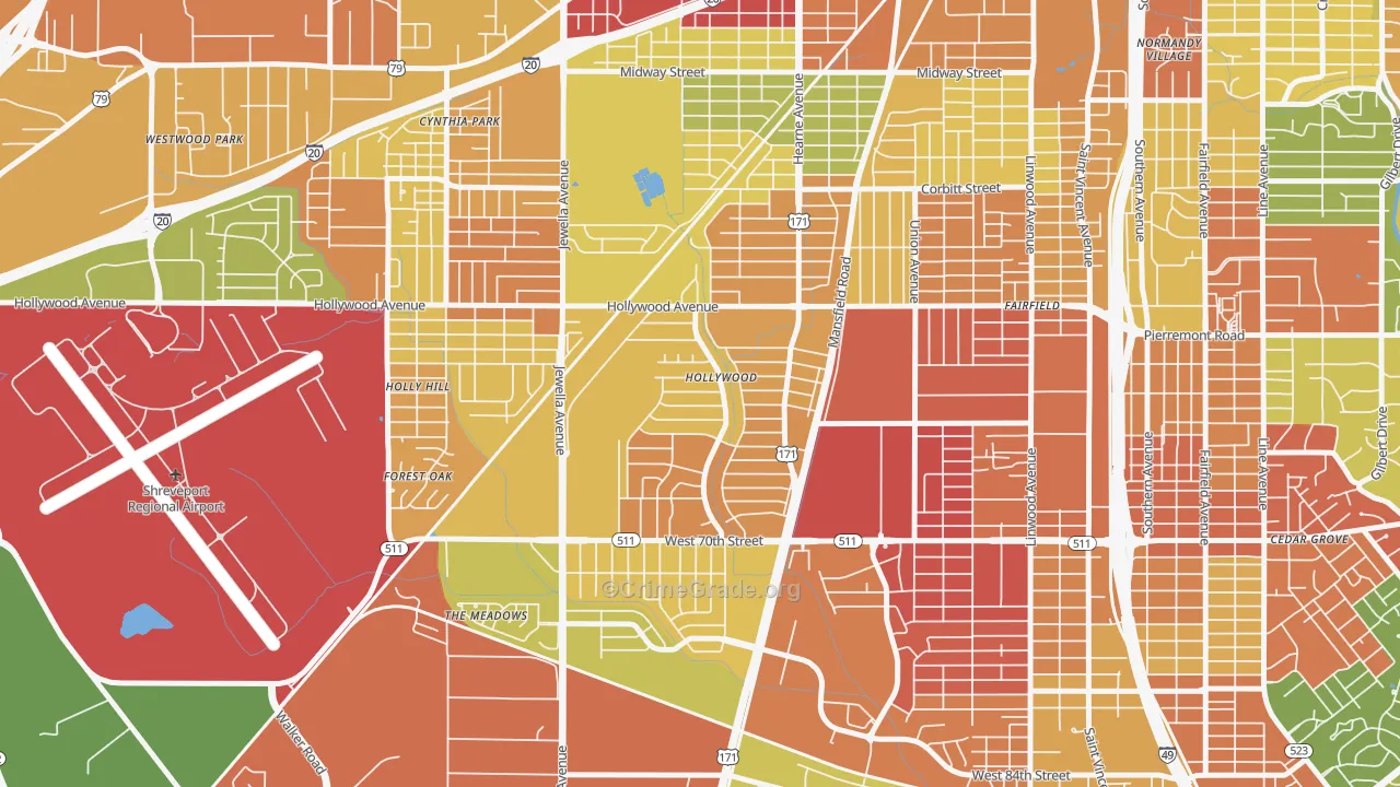 Sunset Arcre-Garden Valley-Morningside, Shreveport, LA Map of Theft Rates