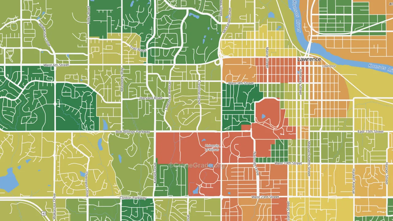Sunset Hills, Lawrence, KS Map of Theft Rates