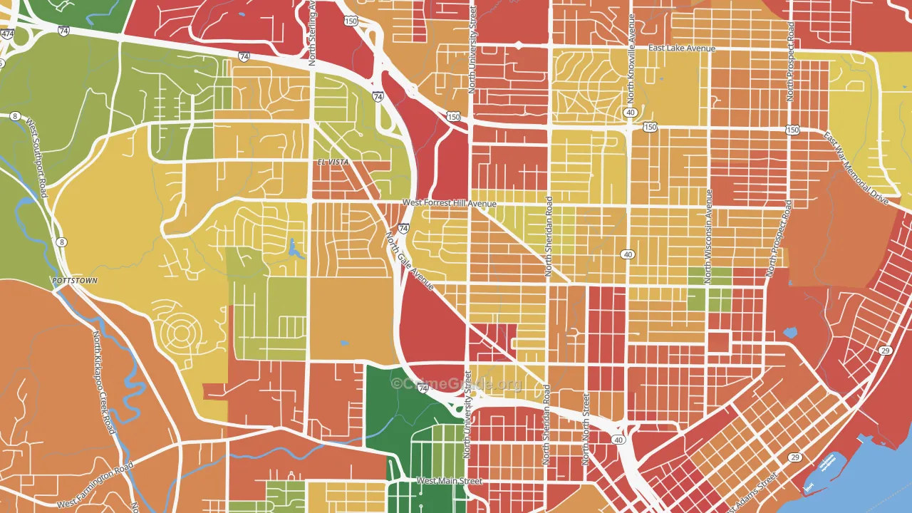 Sunset Hills, Peoria, IL Map of Theft Rates