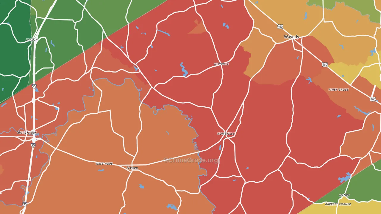 Sussex County, VA Map of Theft Rates