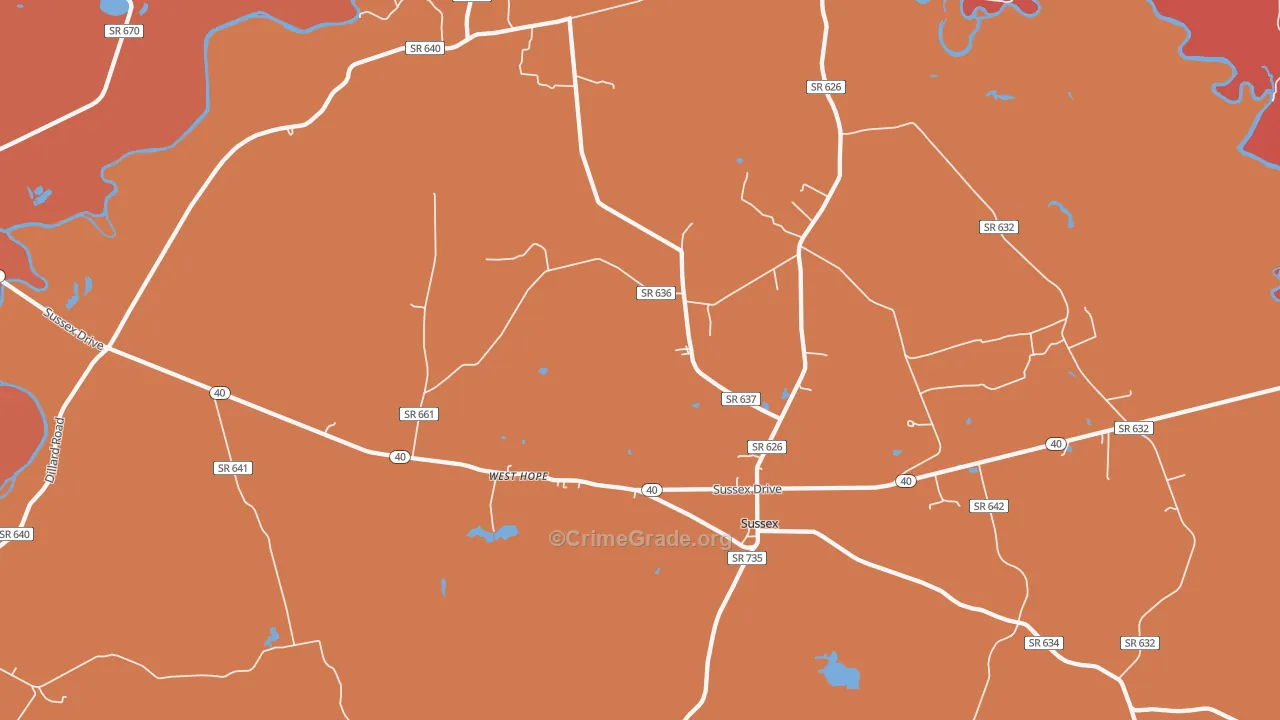 Sussex, VA Map of Theft Rates