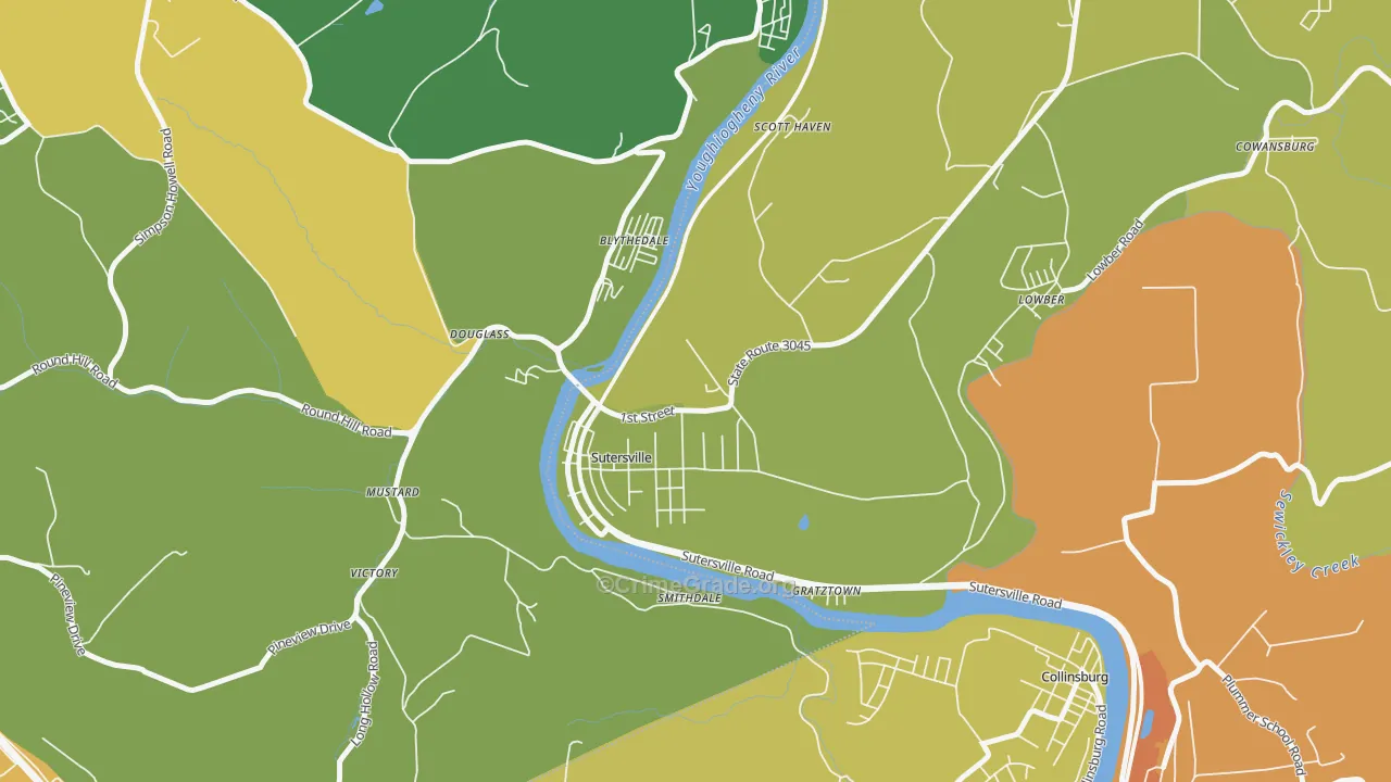Sutersville, PA Map of Theft Rates