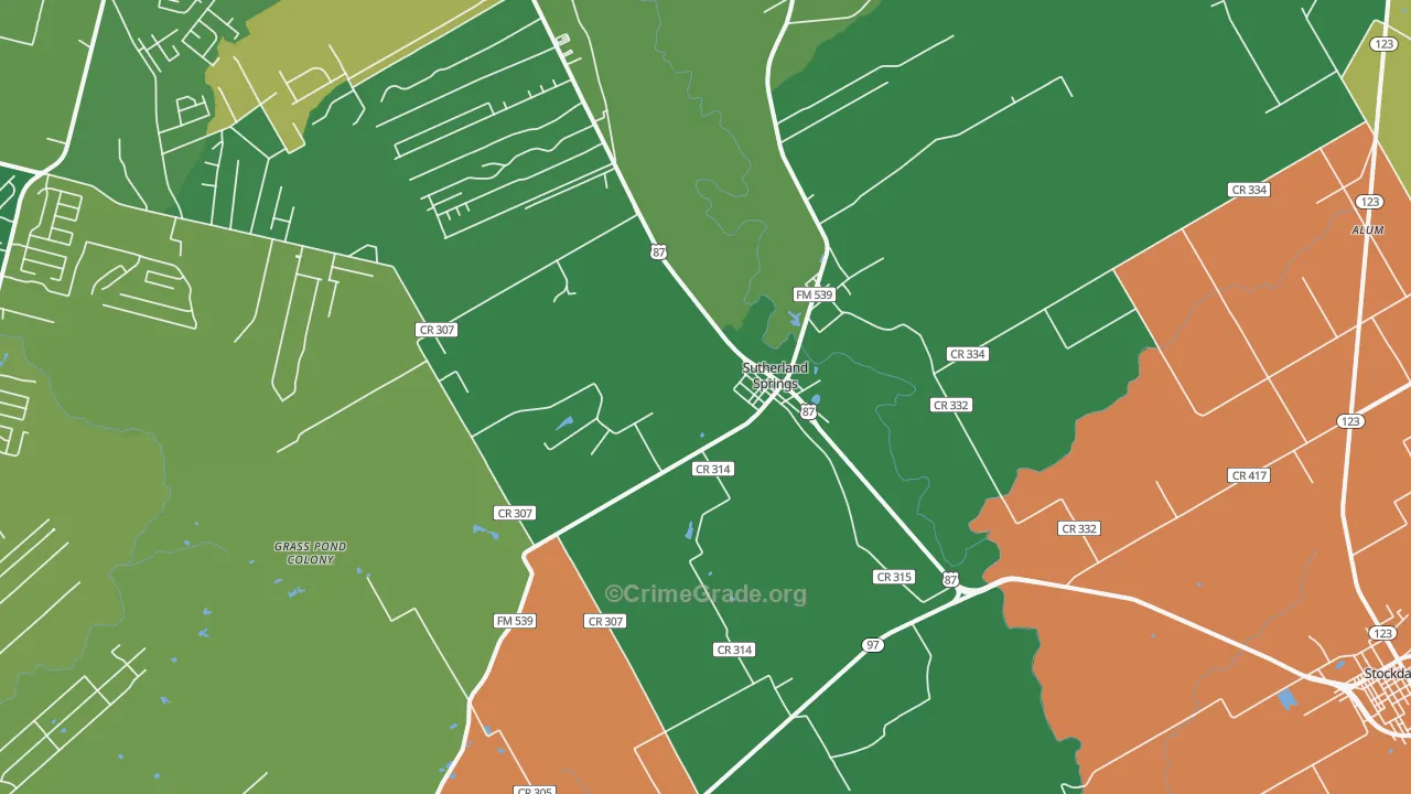 Sutherland Springs, TX Map of Theft Rates