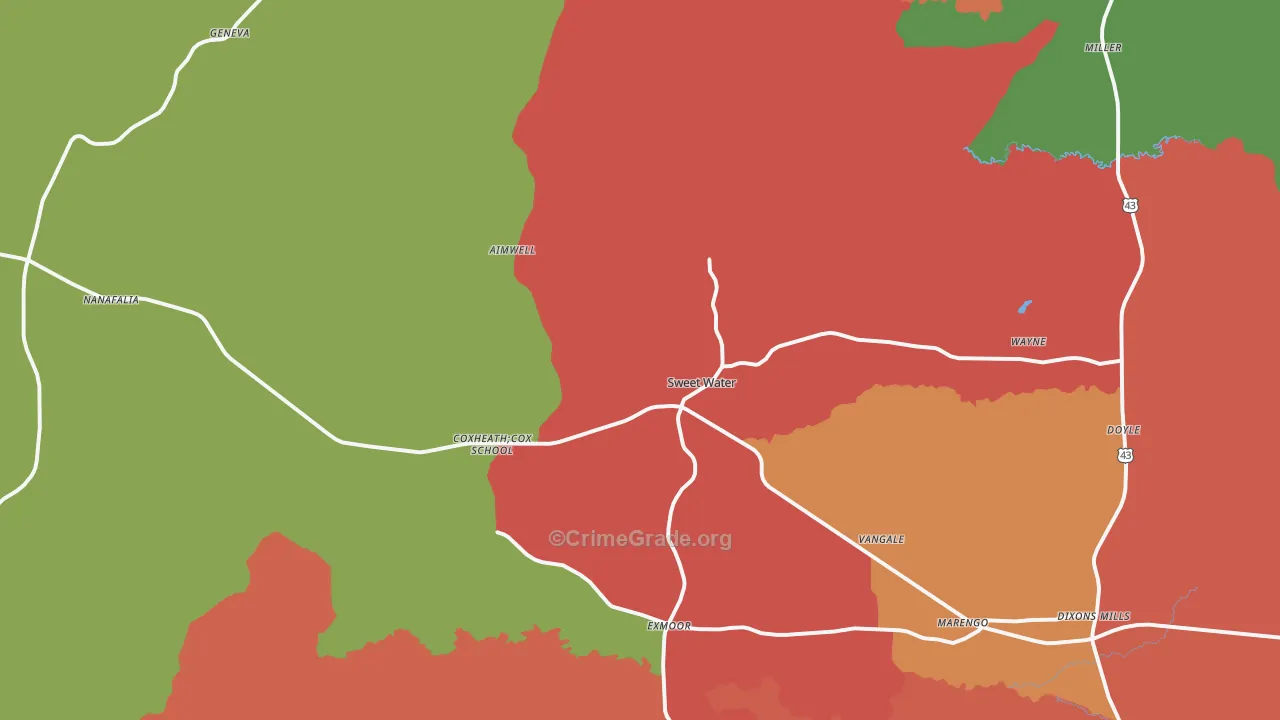 Sweet Water, AL Map of Theft Rates
