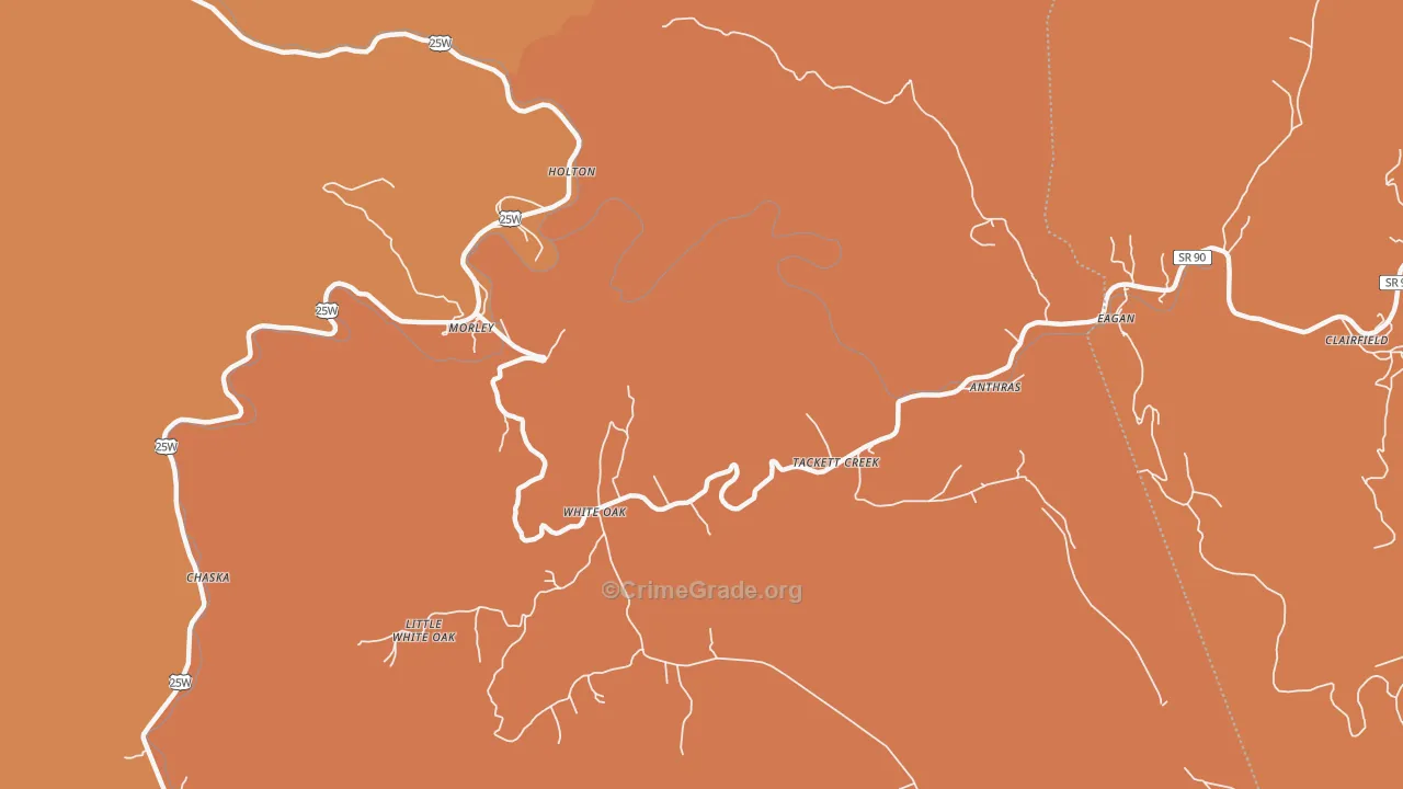 Tackett Creek, TN Map of Theft Rates