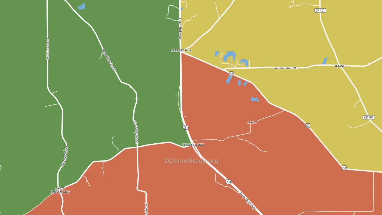 Teasleys Mill, AL Map of Theft Rates