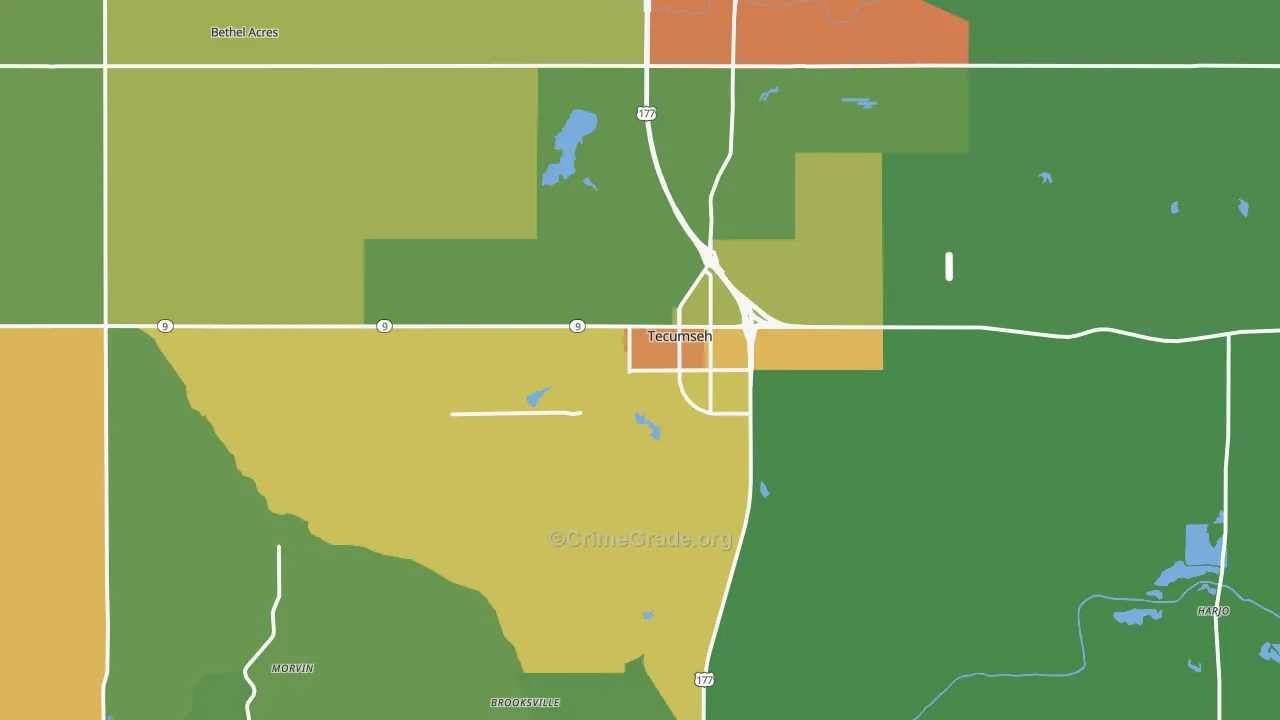 Tecumseh, OK Map of Theft Rates