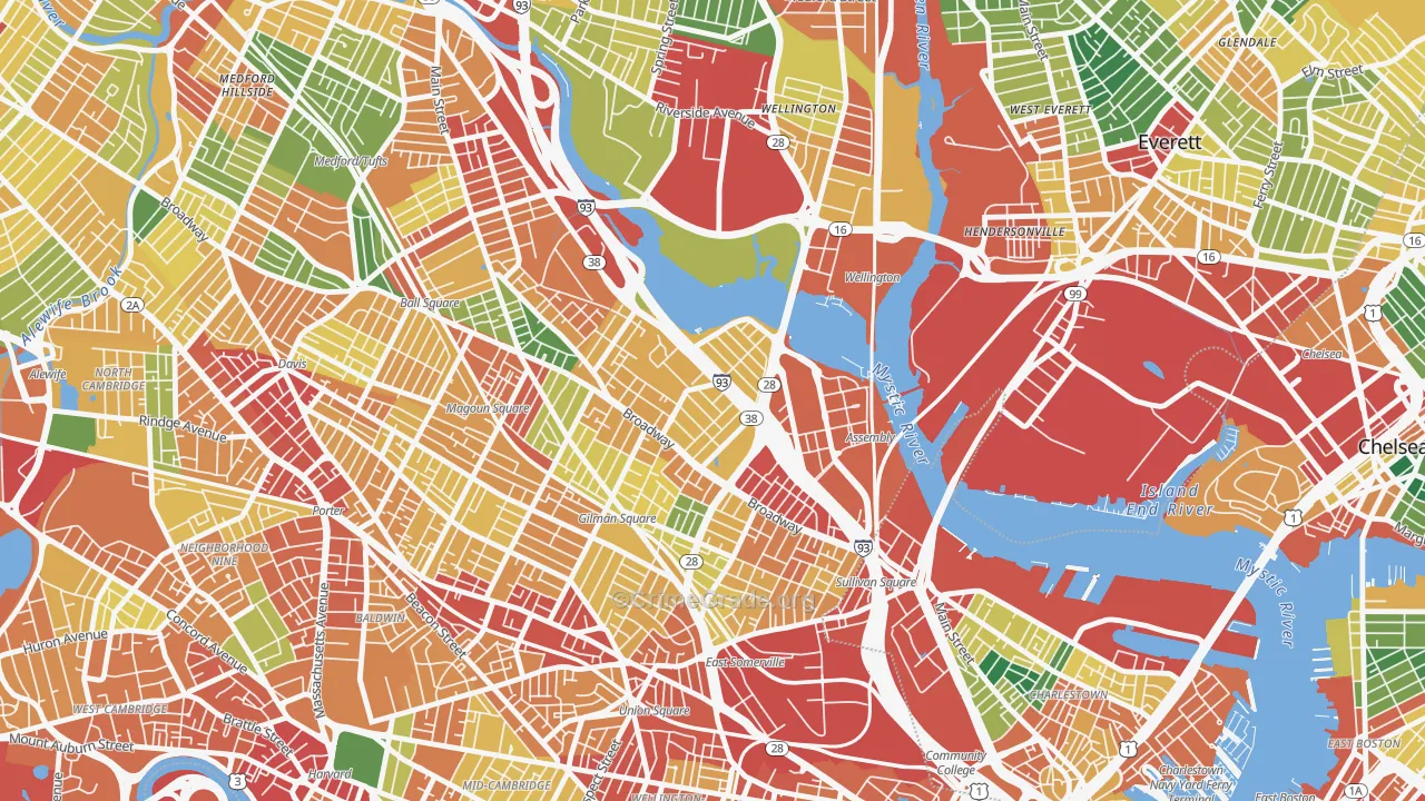 Ten Hills, Somerville, MA Map of Theft Rates
