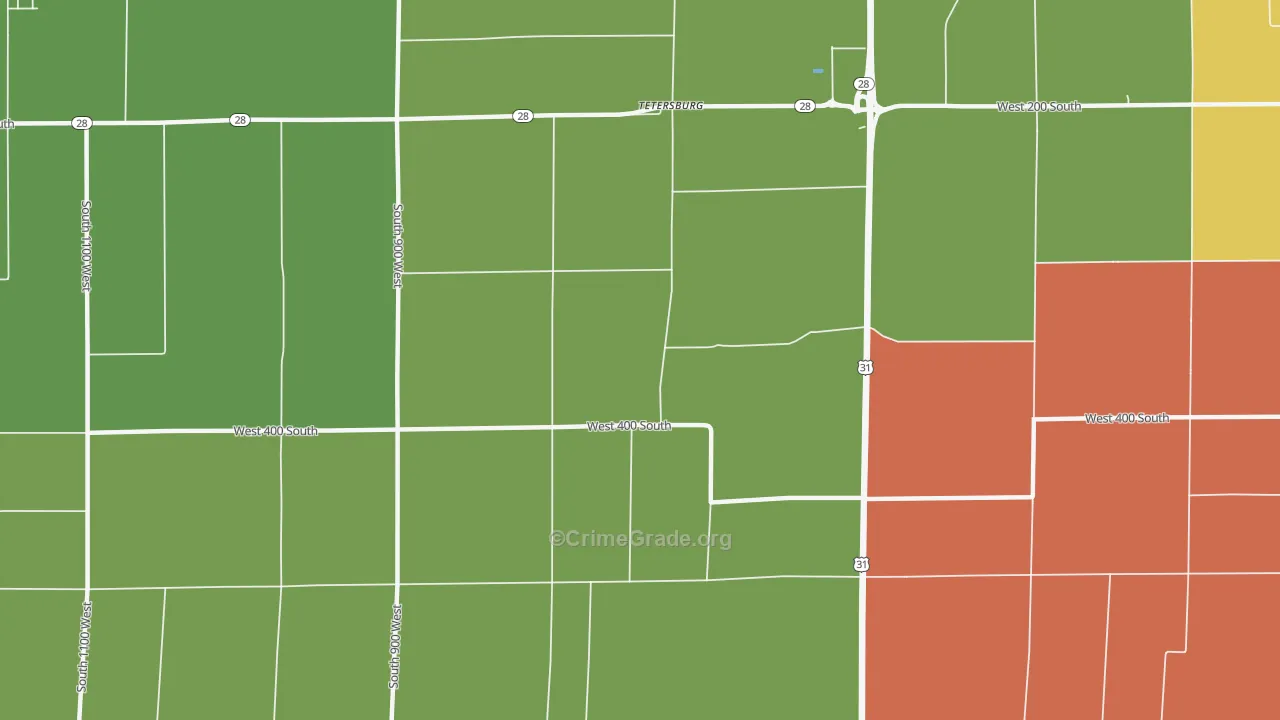 Tetersburg, IN Map of Theft Rates