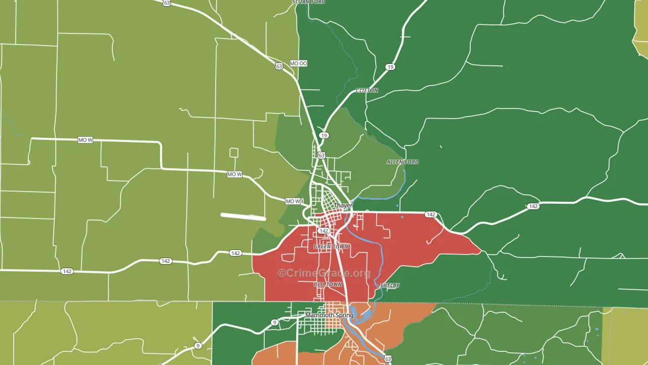 Thayer, MO Map of Theft Rates