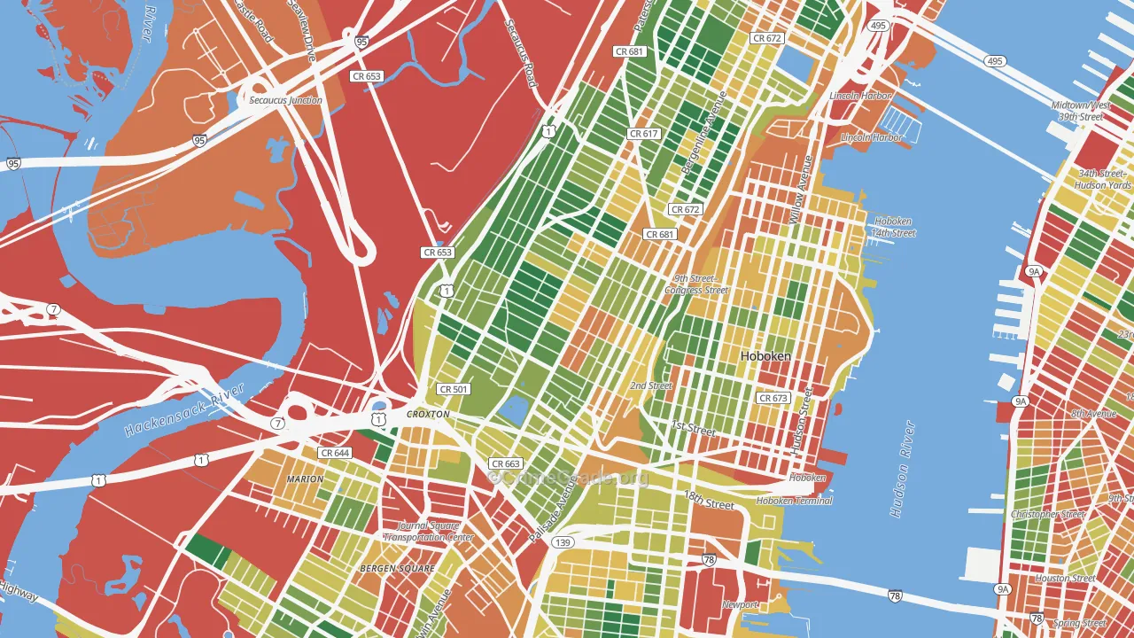 The Heights, Jersey City, NJ Map of Theft Rates