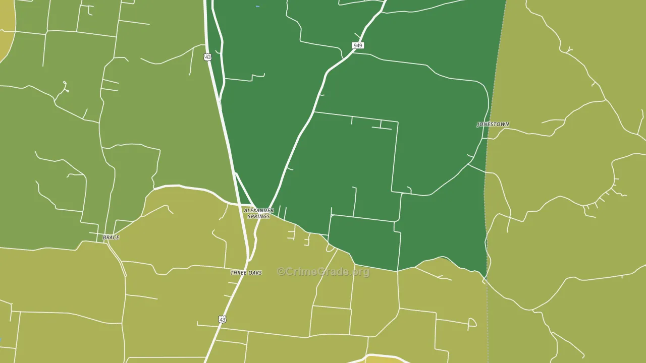 Three Oaks, TN Map of Theft Rates