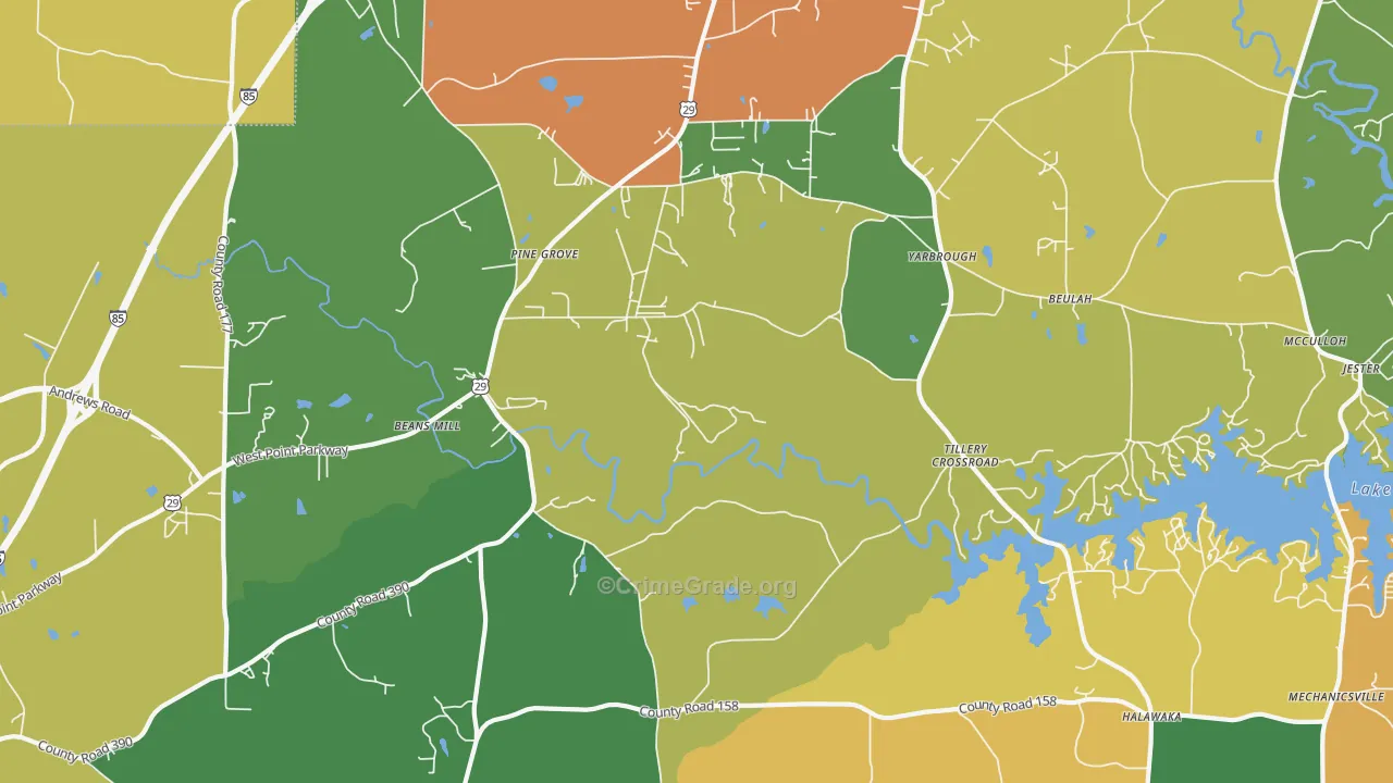 Tillery Crossroads, AL Map of Theft Rates