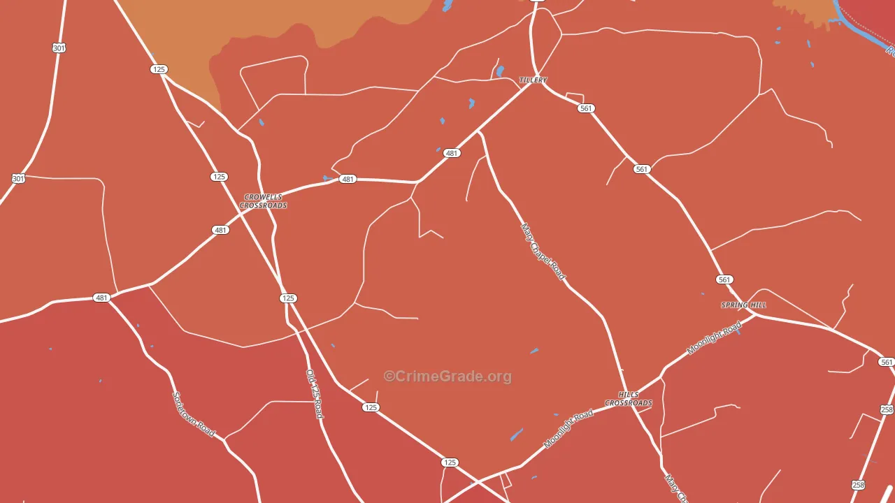 Tillery, NC Map of Theft Rates