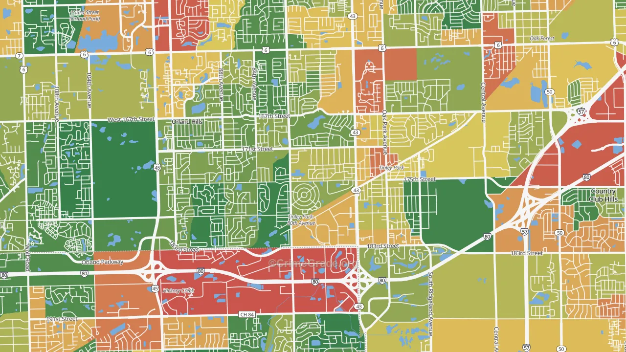 Tinley Park, IL Map of Theft Rates