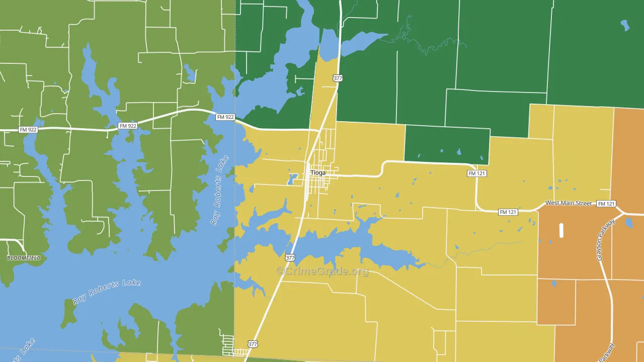 Tioga, TX Map of Theft Rates