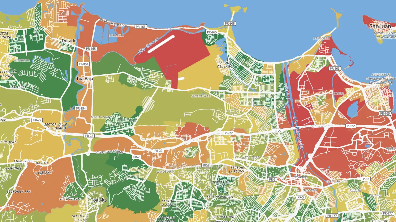 Toa Baja Municipio, PR Map of Theft Rates