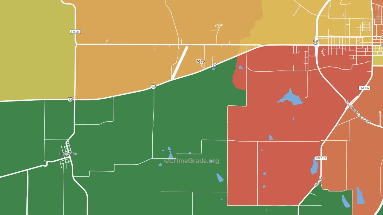 Toco, TX Map of Theft Rates