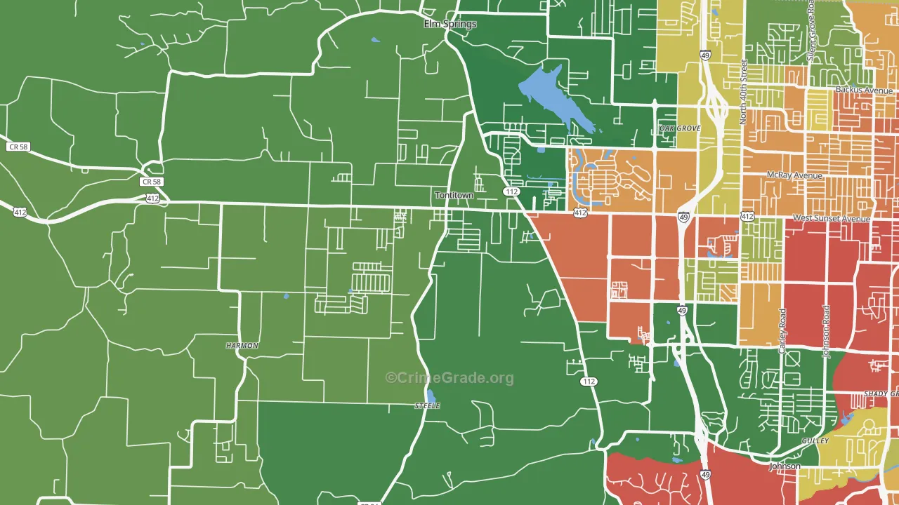 Tontitown, AR Map of Theft Rates