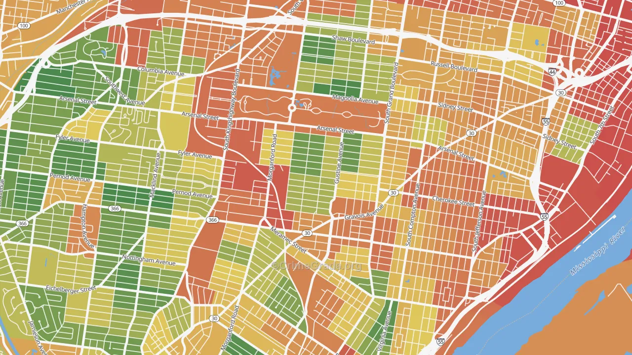 Tower Grove South, St. Louis, MO Map of Theft Rates