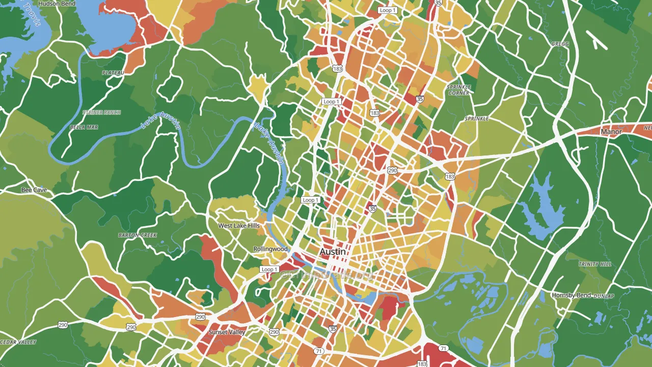 Travis County, TX Map of Theft Rates