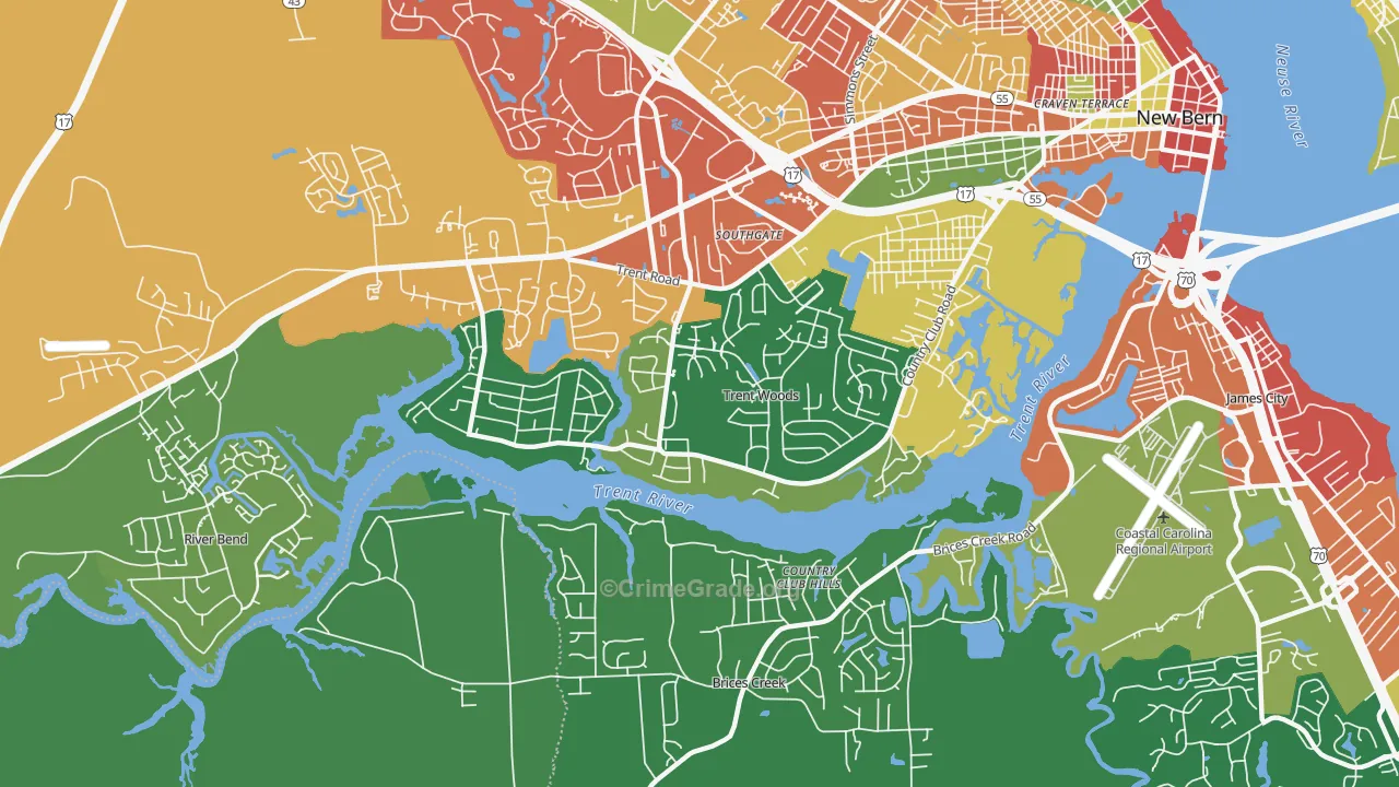 Trent Woods, NC Map of Theft Rates