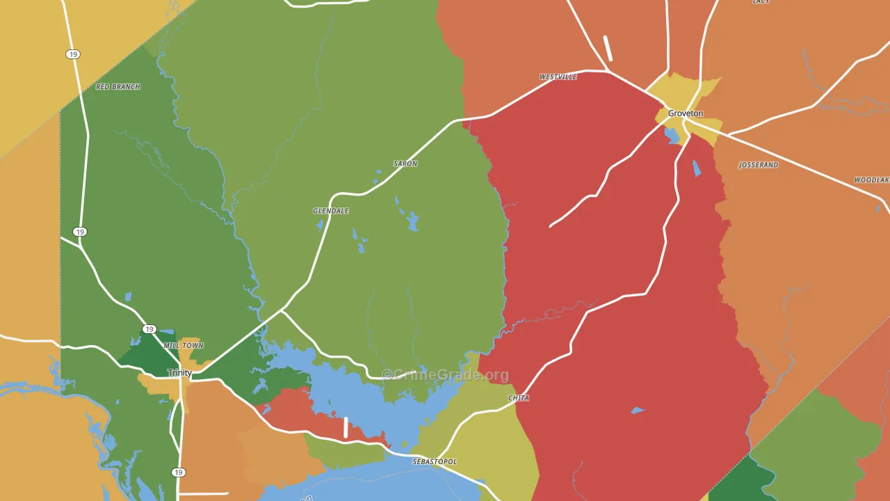 Trinity County, TX Map of Theft Rates