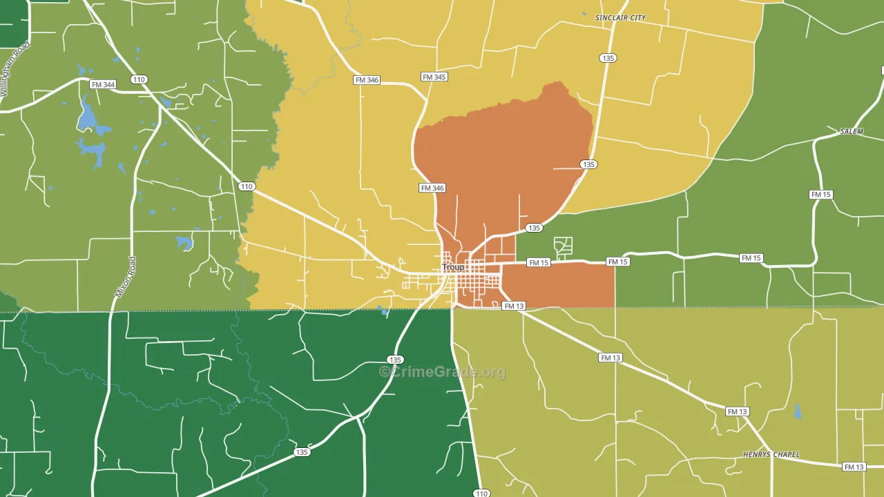 Troup, TX Map of Theft Rates