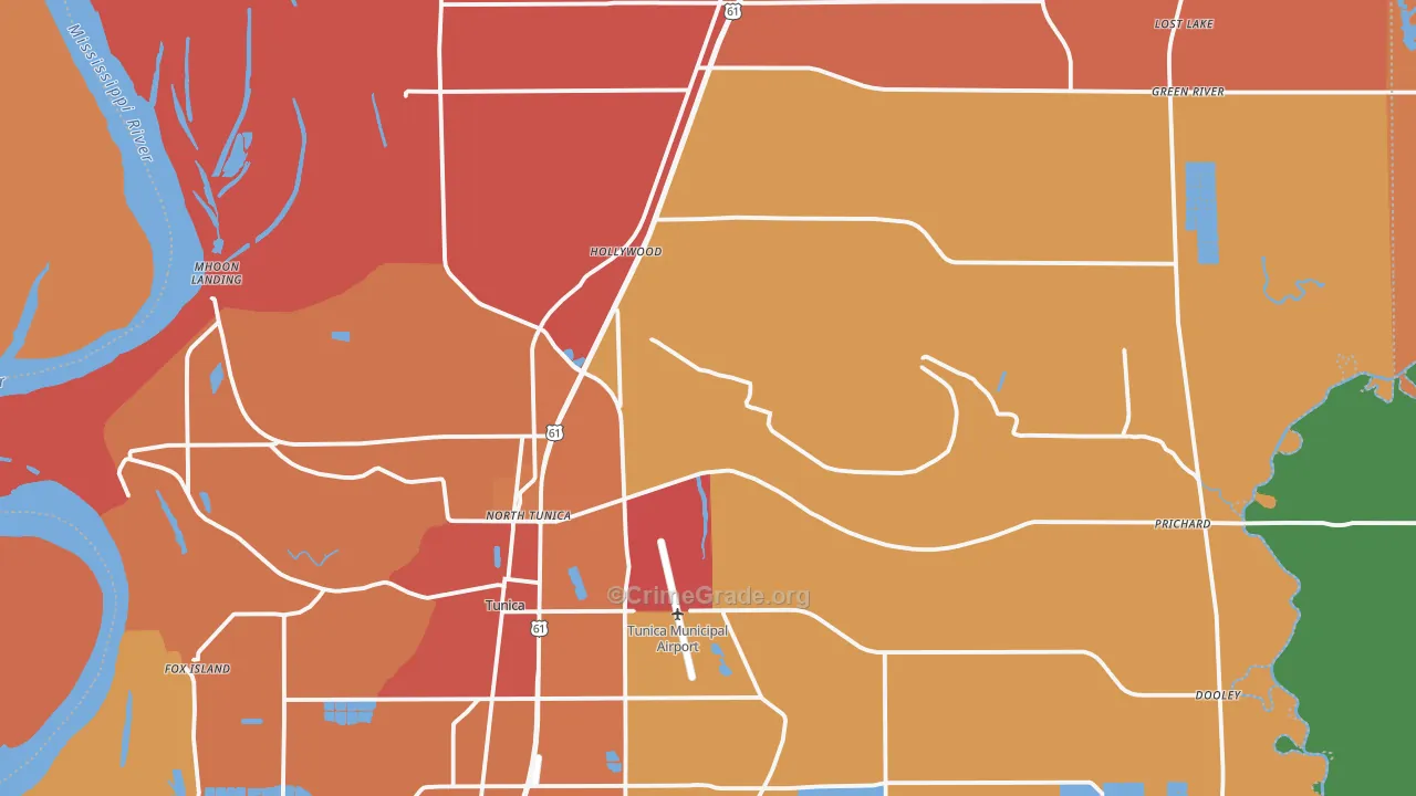 Tunica County, MS Map of Theft Rates
