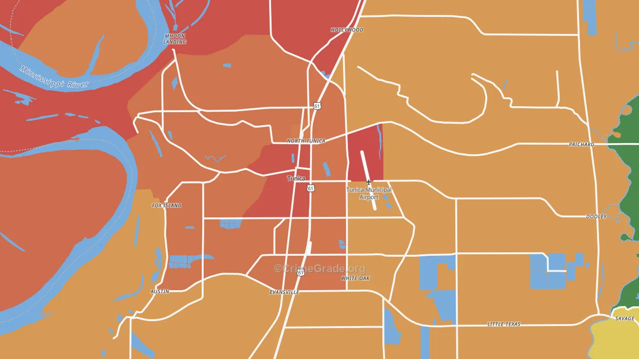 Tunica, MS Map of Theft Rates