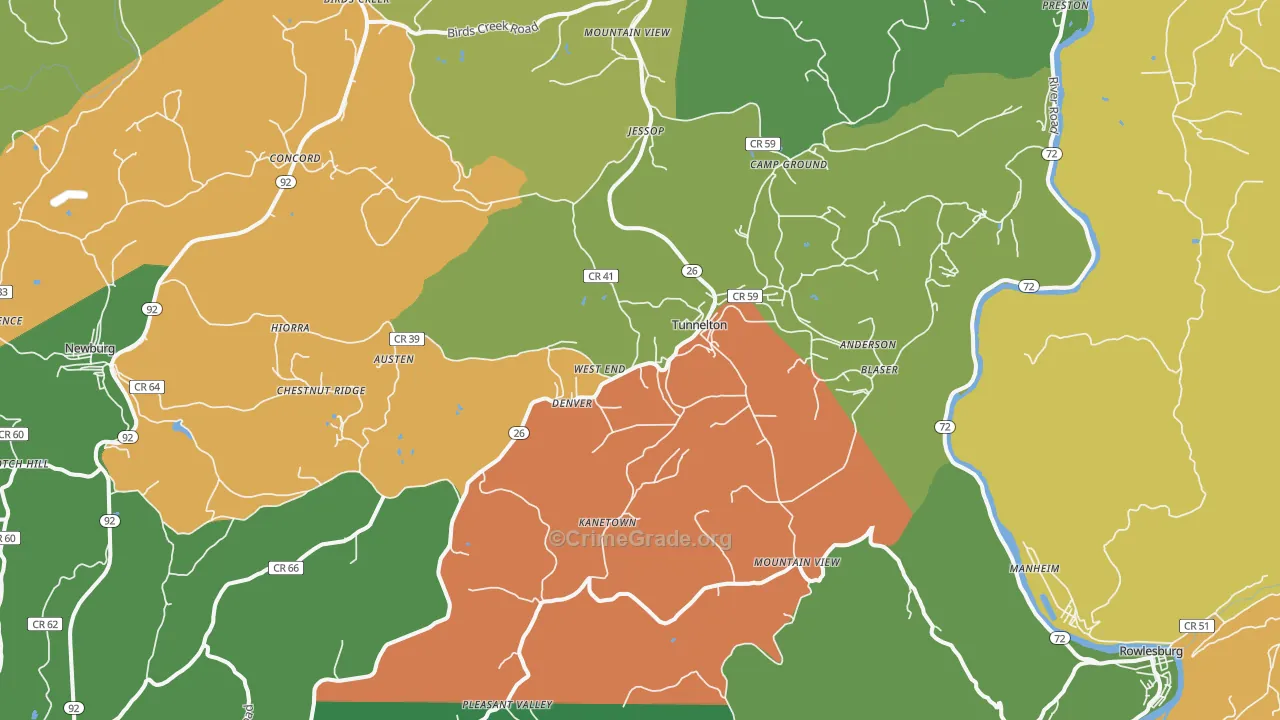 Tunnelton, WV Map of Theft Rates