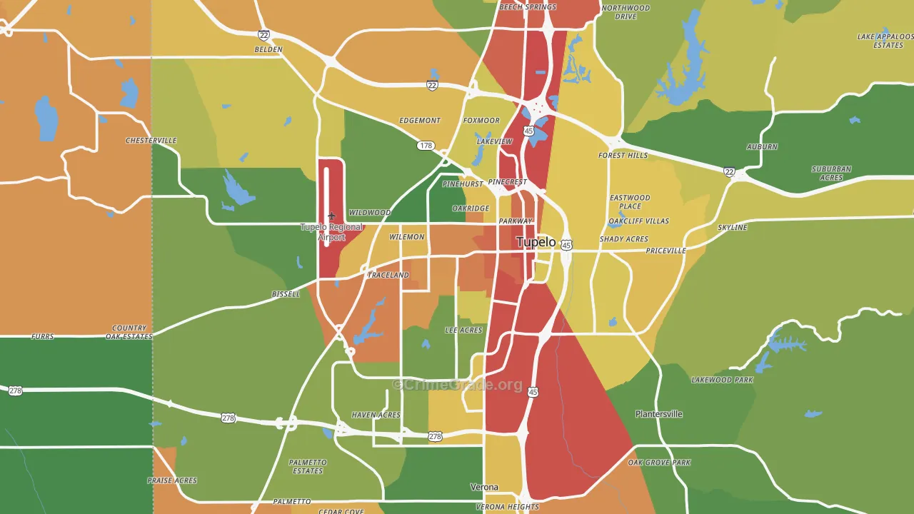 Tupelo, MS Map of Theft Rates
