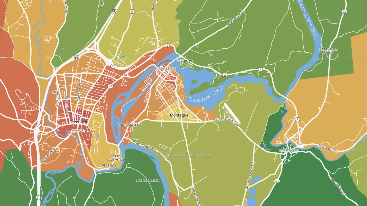 Turners Falls, MA Map of Theft Rates