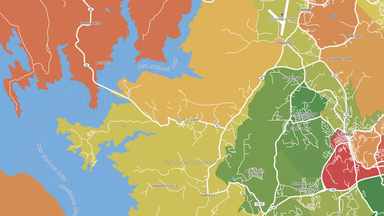 Tuttletown, CA Map of Theft Rates