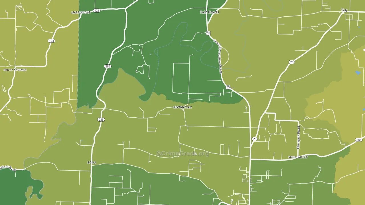 Twin Groves, AR Map of Theft Rates