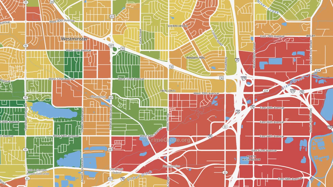 Twin Lakes, Denver, CO Map of Theft Rates