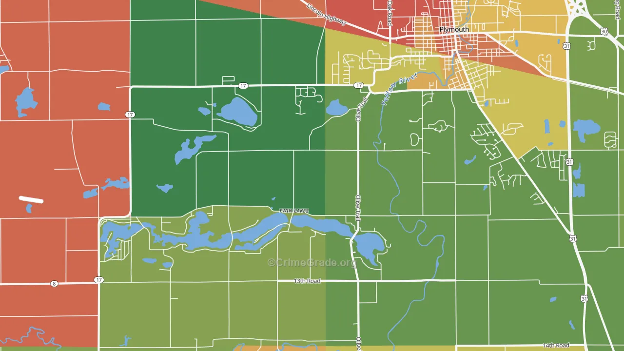 Twin Lakes, IN Map of Theft Rates