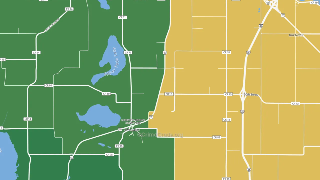 Twin Lakes, MN Map of Theft Rates