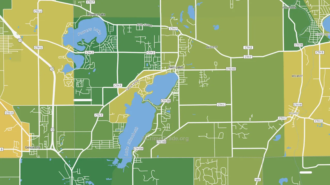 Twin Lakes, WI Map of Theft Rates