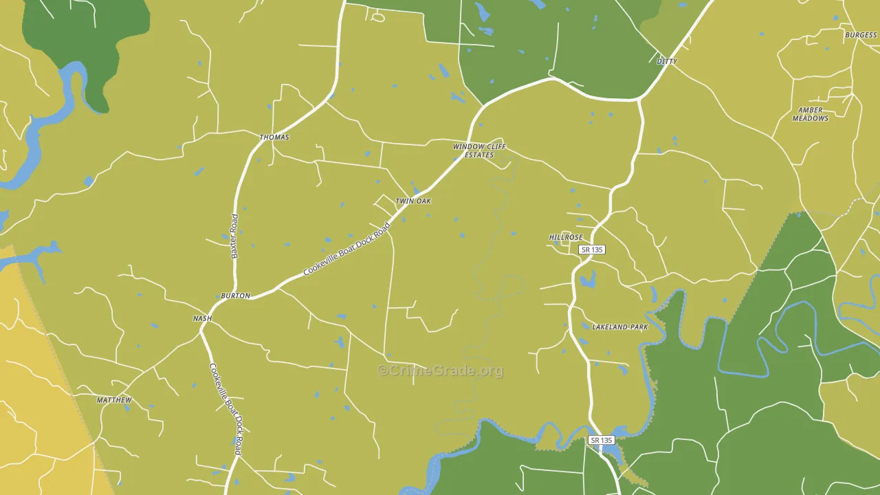 Twin Oak, TN Map of Theft Rates