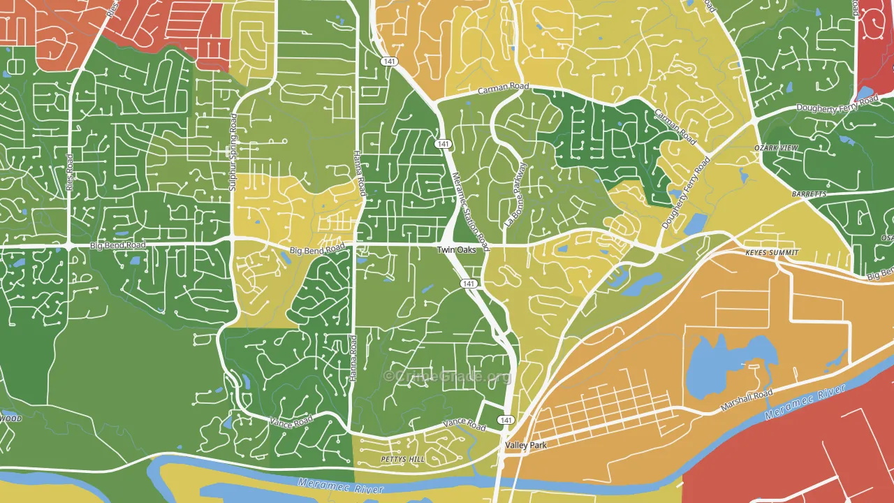 Twin Oaks, MO Map of Theft Rates