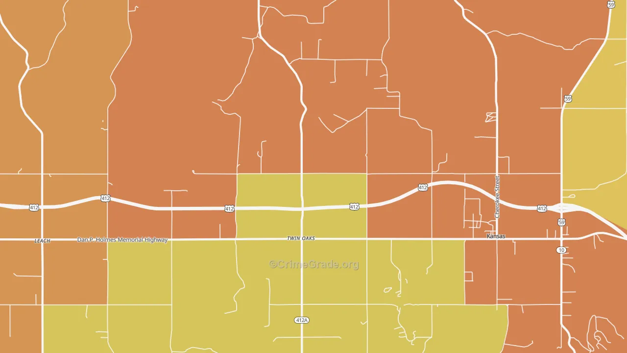 Twin Oaks, OK Map of Theft Rates