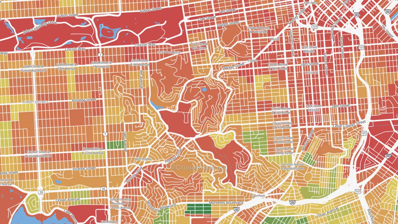 Twin Peaks, San Francisco, CA Map of Theft Rates