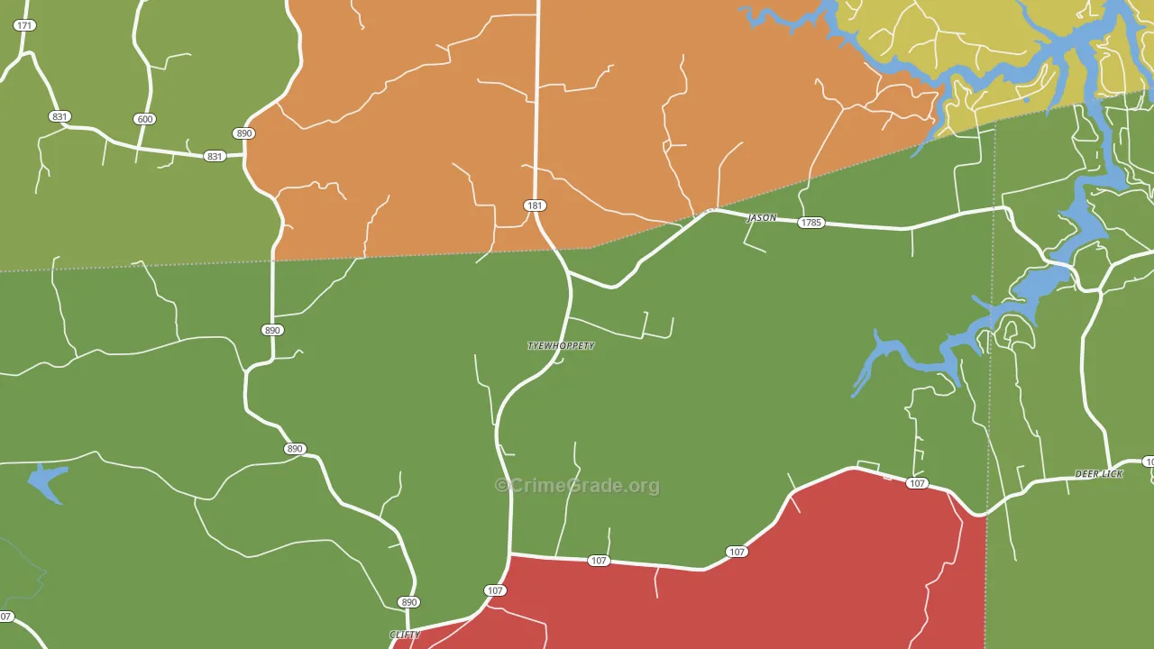 Tyewhoppety, KY Map of Theft Rates